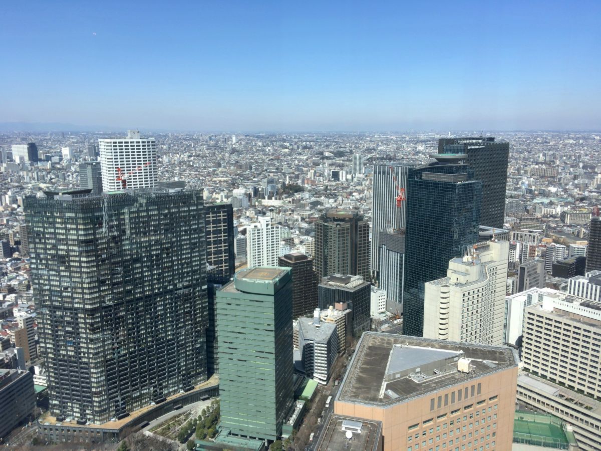 東京都庁から撮影した展望写真です。東京から見たビル群が見えます。山一つありません。空は快晴です。